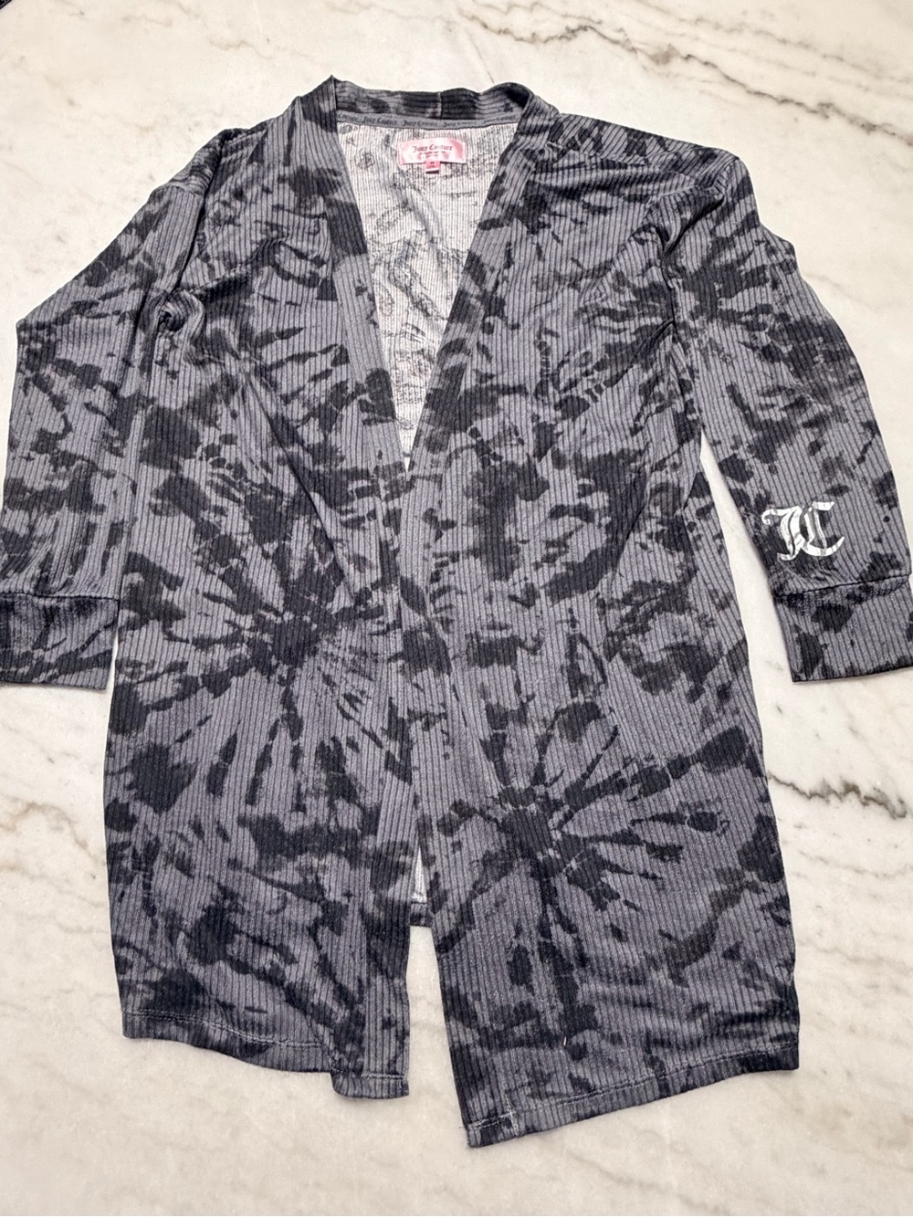 Juicy Couture Gray Black Tie-Dye Ribbed Robe